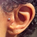 Tragus piercing at Titan Piercing Montreal. The image showcases a tragus piercing located on the small cartilage flap in front of the ear canal, highlighting the studio's expertise in performing precise and stylish ear piercings.