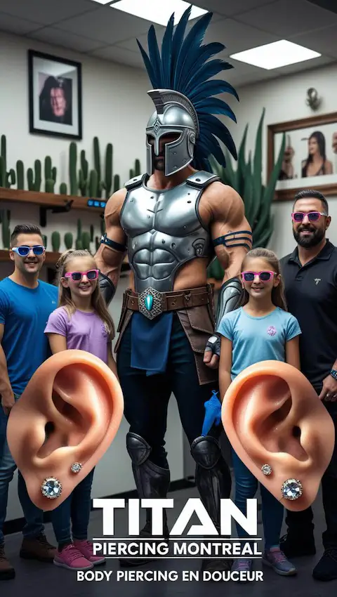 Illustration cartoon de l’accueil de titan piercing montréal, montrant un studio chaleureux et accueillant à rosemont. Spécialisé en service de perçage d’oreilles et body piercing avec lunettes antidouleur, pour adultes et enfants.